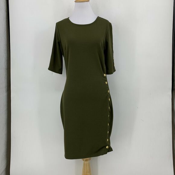 Haute Monde Snap Button Dress Womens M Medium Avocado Mid Sleeve Bodycon Stretch - Picture 2 of 11